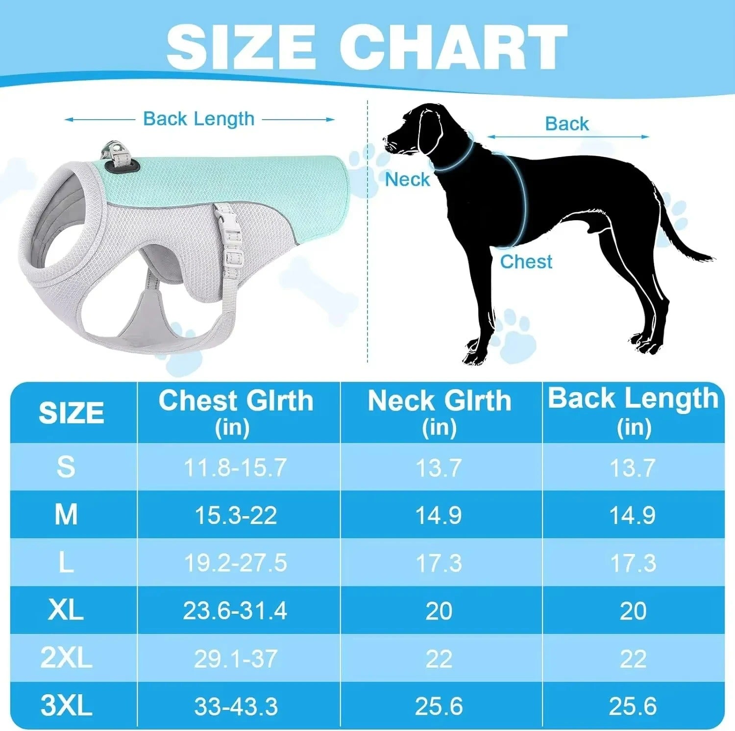 Size chart for New Ice Cooling Dog Vest, breathable mesh summer pet jacket available in S to 3XL