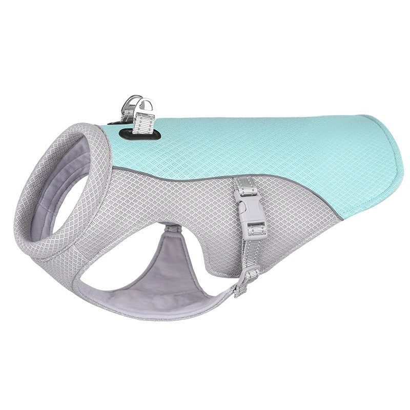 Dog harness with teal and gray design on a white background
