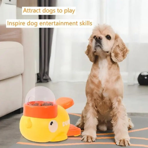 Dog playing with a toy shaped like a bee in a living room.