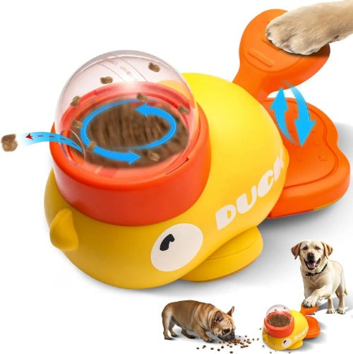 Dog playing with a yellow duck-shaped pet toy in a cozy living room setting
