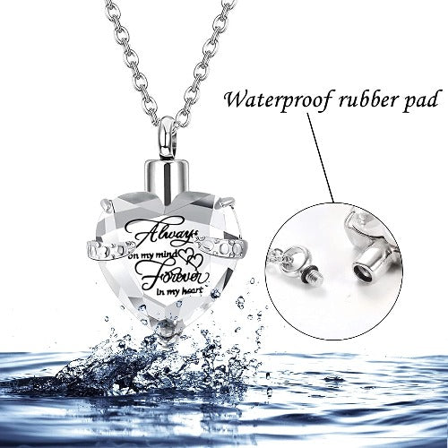 Heart Cremation Urn Necklace for Ashes – Stainless Steel Memorial Locket with Crystal Heart, Keepsake Pendant “Always on My Mind, Forever in My Heart”