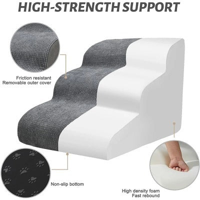 Memory Foam Pet Stairs for Small Dogs & Cats – 3/4 Step Non-Slip Ramp with Washable Cover for Bed, Couch & Sofa