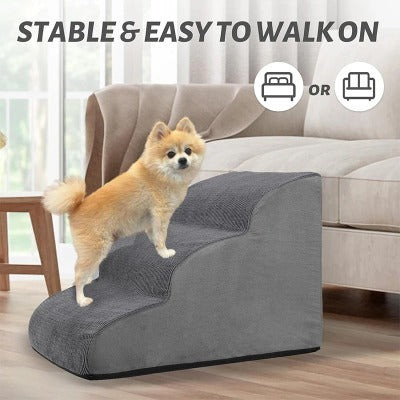 Memory Foam Pet Stairs for Small Dogs & Cats – 3/4 Step Non-Slip Ramp with Washable Cover for Bed, Couch & Sofa