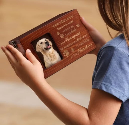 Custom Engraved Pet Urn - Wooden Memorial Keepsake with Photo Frame for Dogs & Cats