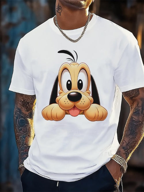 Person wearing a white t-shirt with a cartoon dog design, surrounded by tattoos and jewelry.