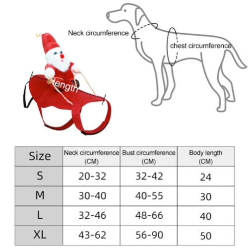Size chart for Santa pet costume measuring chest and length