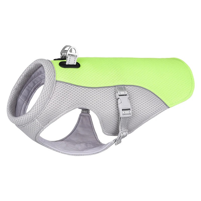 Dog harness with green top and gray sides on a white background