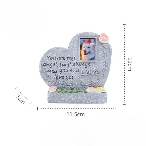 Angel Heart style pet memorial gravestone for cat or dog with photo frame and resin design