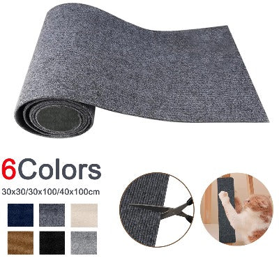 Roll of textured carpet with color swatches and images of installation on a white background