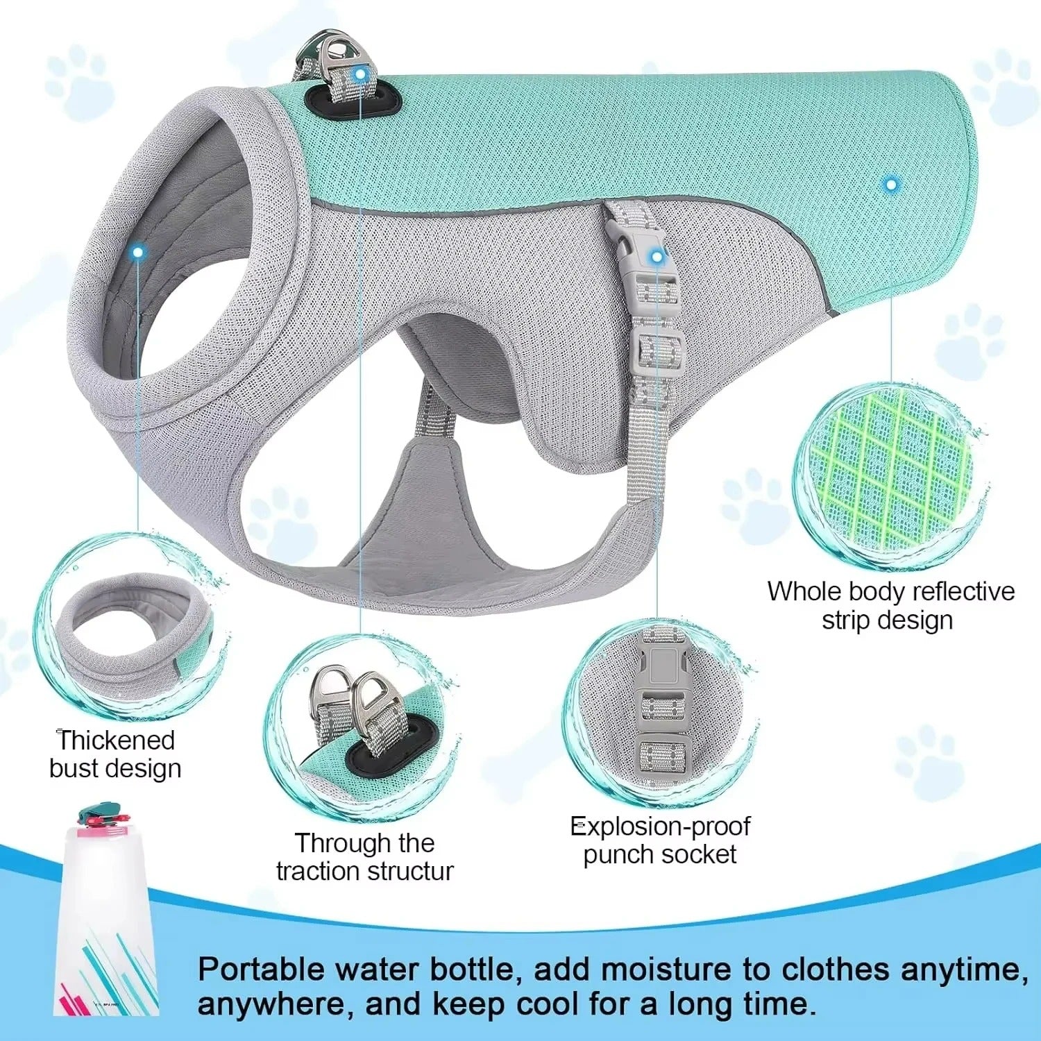 Back view of lightweight mesh cooling vest for dogs with reflective strips