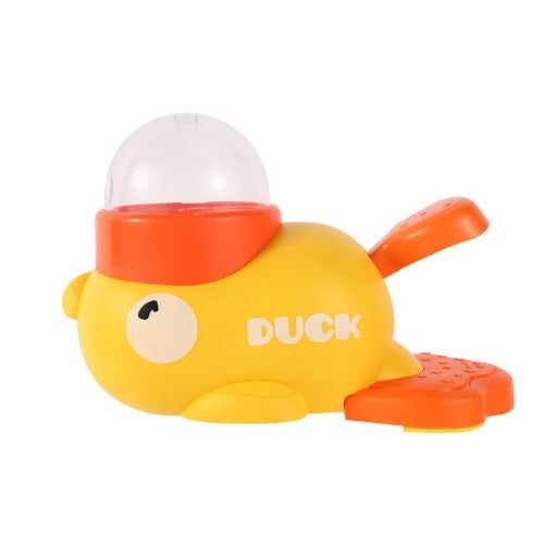 Interactive duck-shaped dog toy with transparent ball and blue arrows, featuring the DUCK logo
