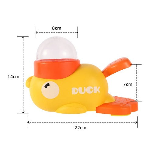 Yellow duck-shaped interactive dog toy with measurements displayed on a white background
